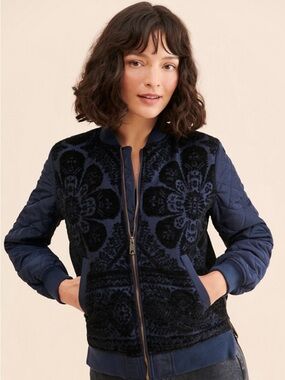 Anthropologie Clemence Quilted Floral Bomber Jacket Navy Medium